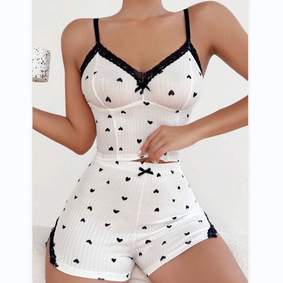 2/$40 Heart Prints White Pajama Set Shorts and Tank Top Sleeveless Lace Pj - Picture 5 of 5